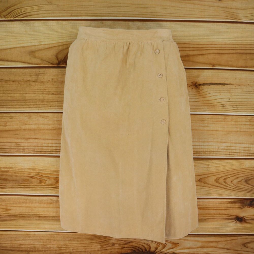 Blassport‎ Midi Skirt A-Line Ultra Suede Womens 10 Beige Cotton Buttons Pockets